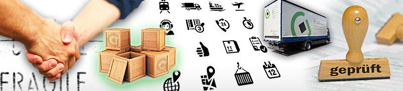 H&auml;ndedruck zwischen zwei Personen, umgeben von Transportsymbolen, Holzboxen, einem Lkw und einem Pr&uuml;fungsstempel.